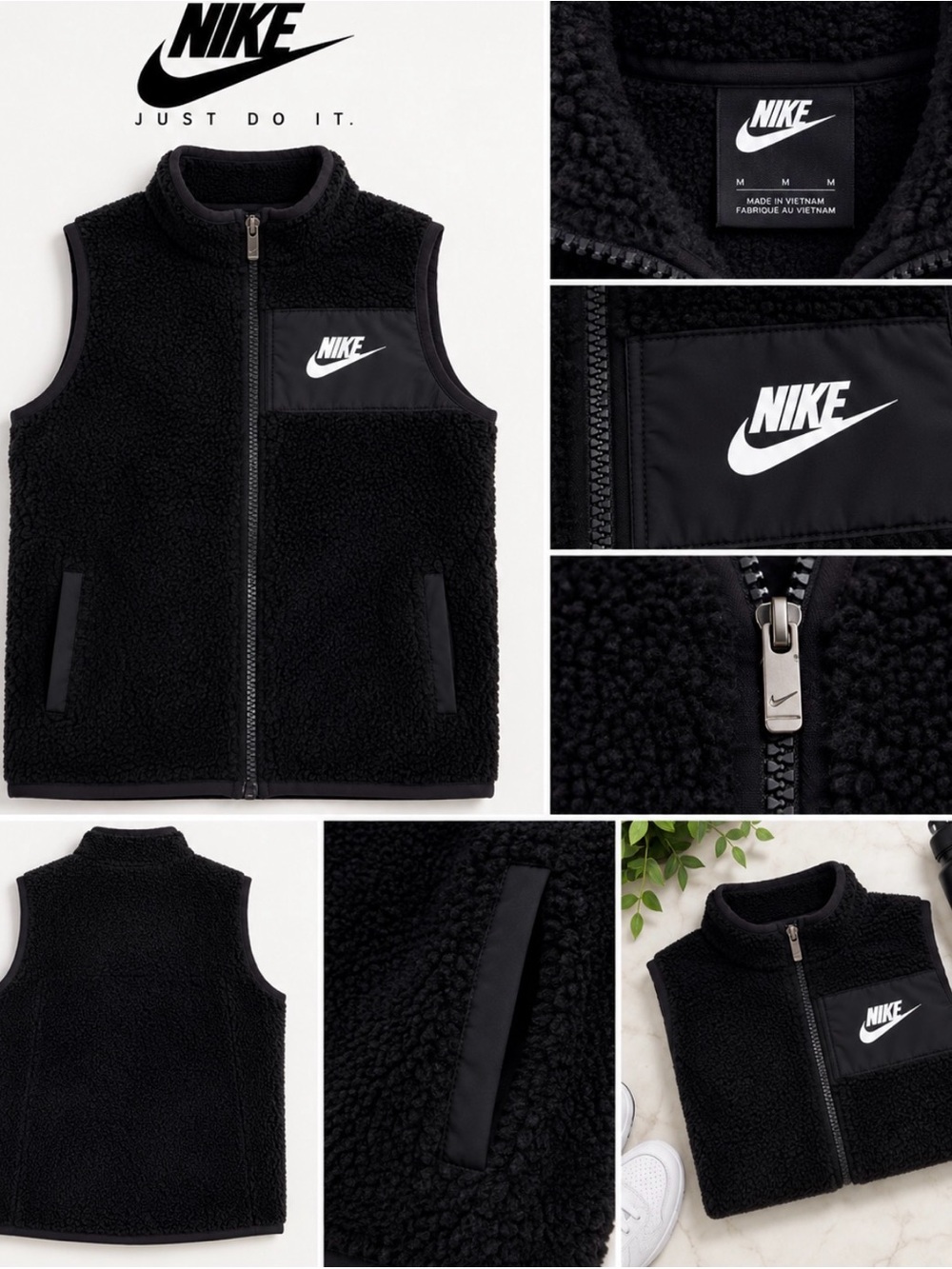 Nike Kids Black Sherpa Fleece Vest with White Logo